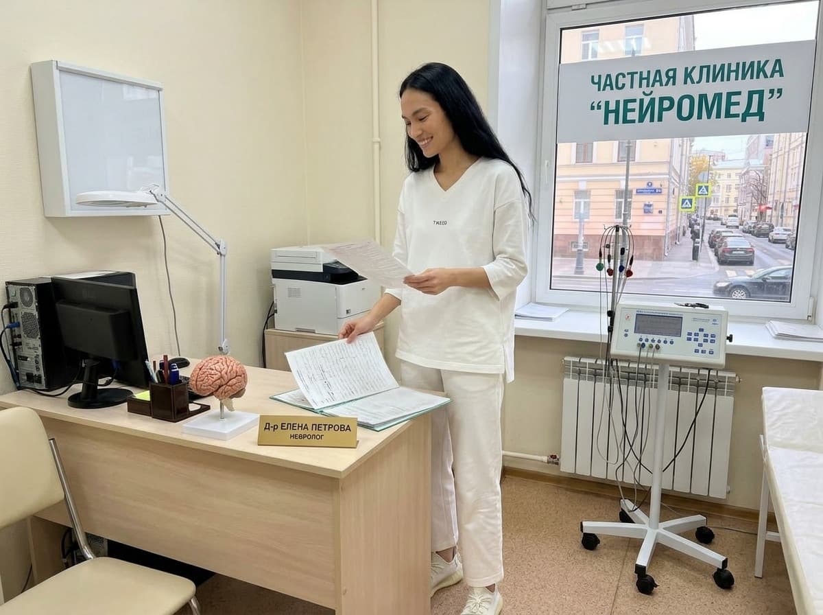 Кабинет невролога: кушетка для осмотра, медицинский молоточек, лампа