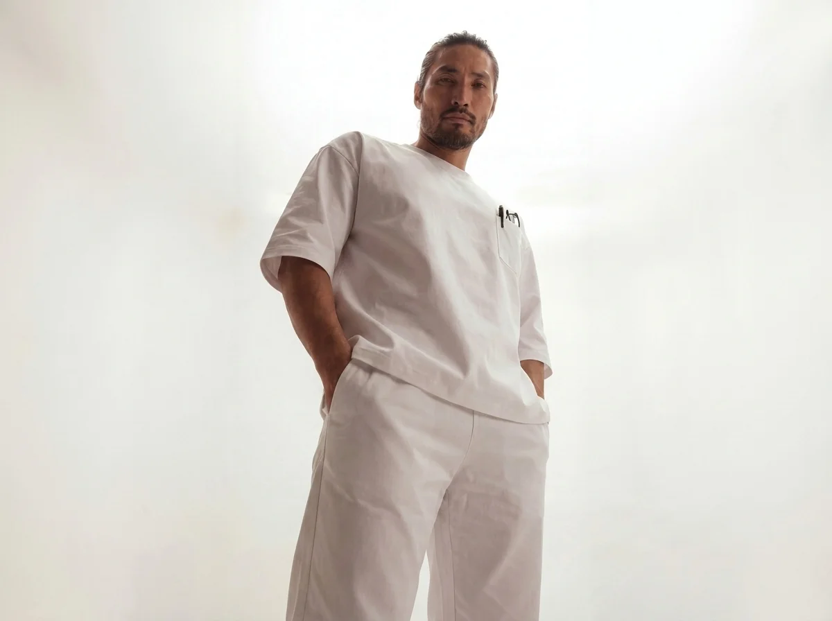 Стоматолог в белом костюме TWEED с инструментом в нагрудном кармане — премиум-форма