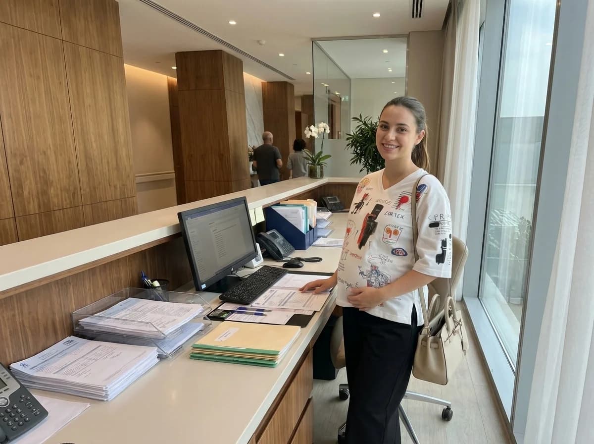 Врач-терапевт на рабочем месте — стол с документами, компьютер, телефон