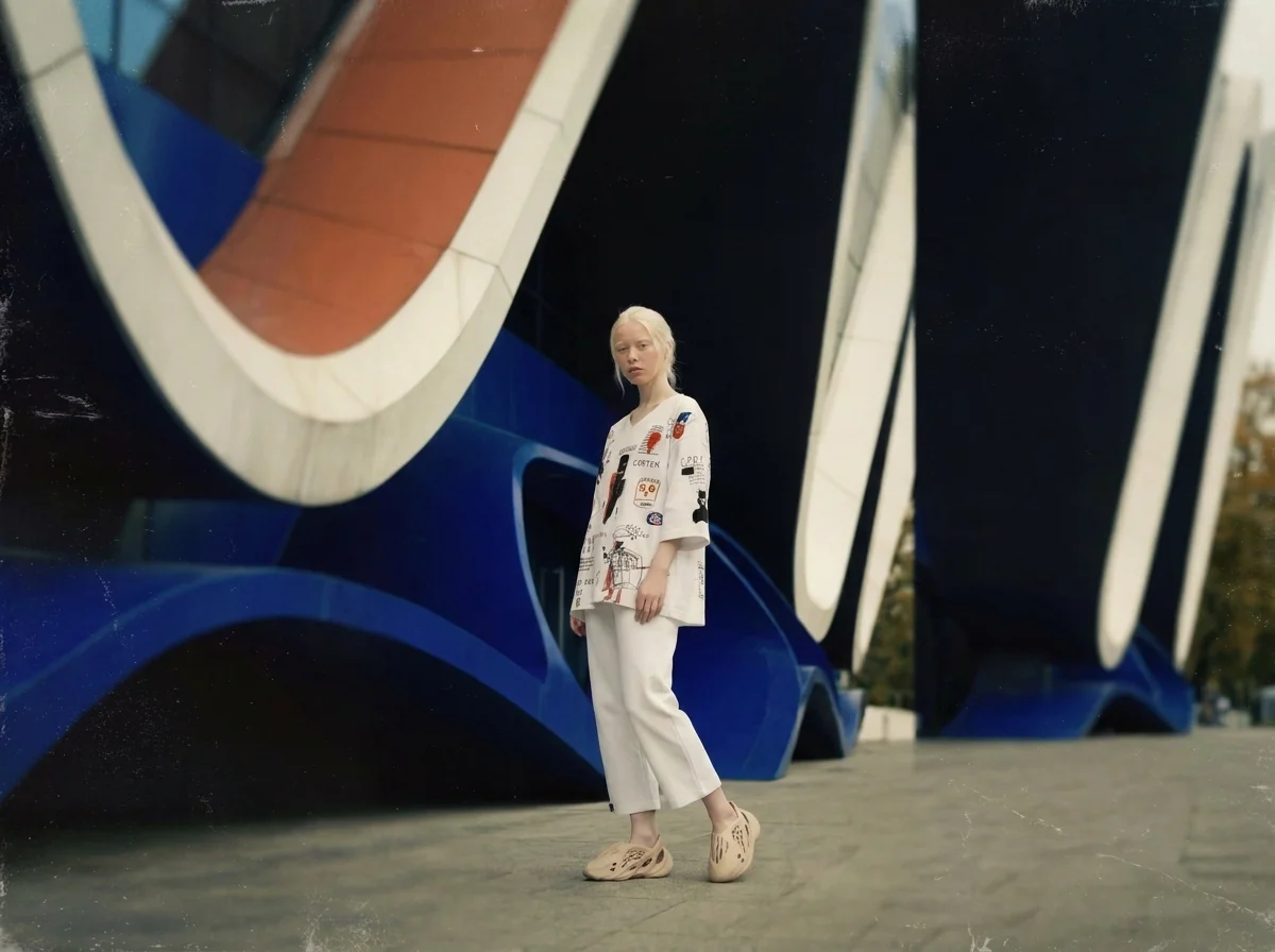 Медицинский костюм TWEED с арт-принтом на фоне современной архитектуры — тренды 2026