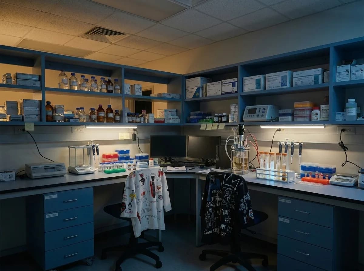 Цвета медицинской одежды — белый и чёрный костюмы TWEED в лаборатории