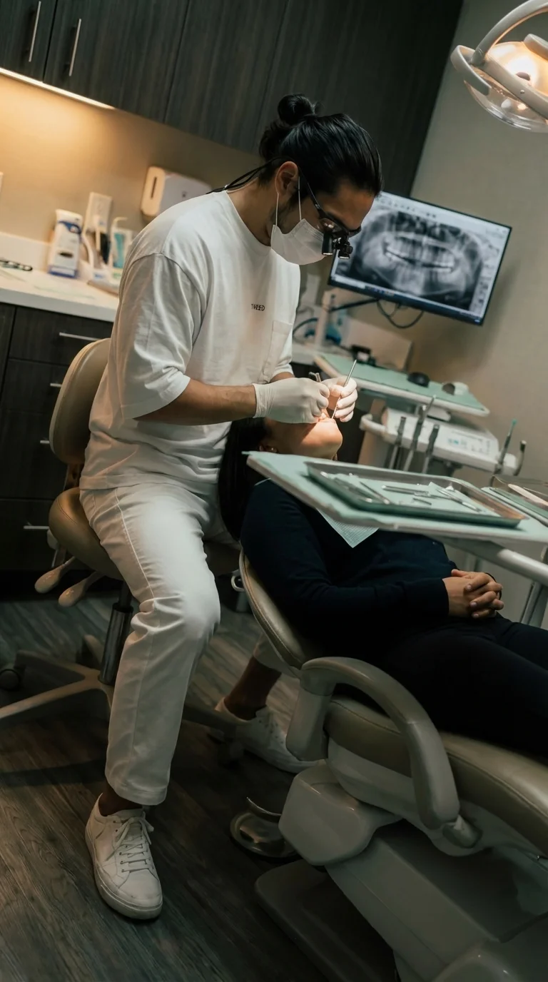 Стоматолог за работой в белом костюме TWEED